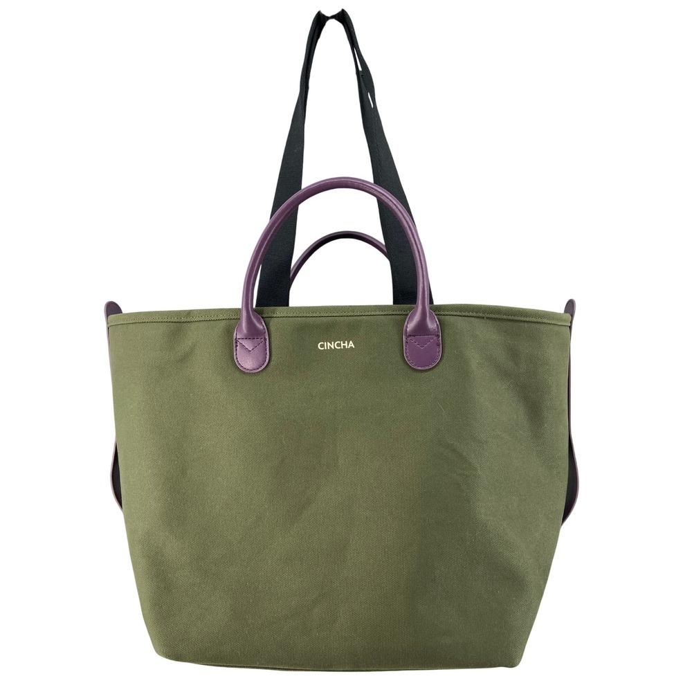 CINCHA Canvas Go Tote Bag Large Olive Green Purple Leather Accents Zipper Pocket
